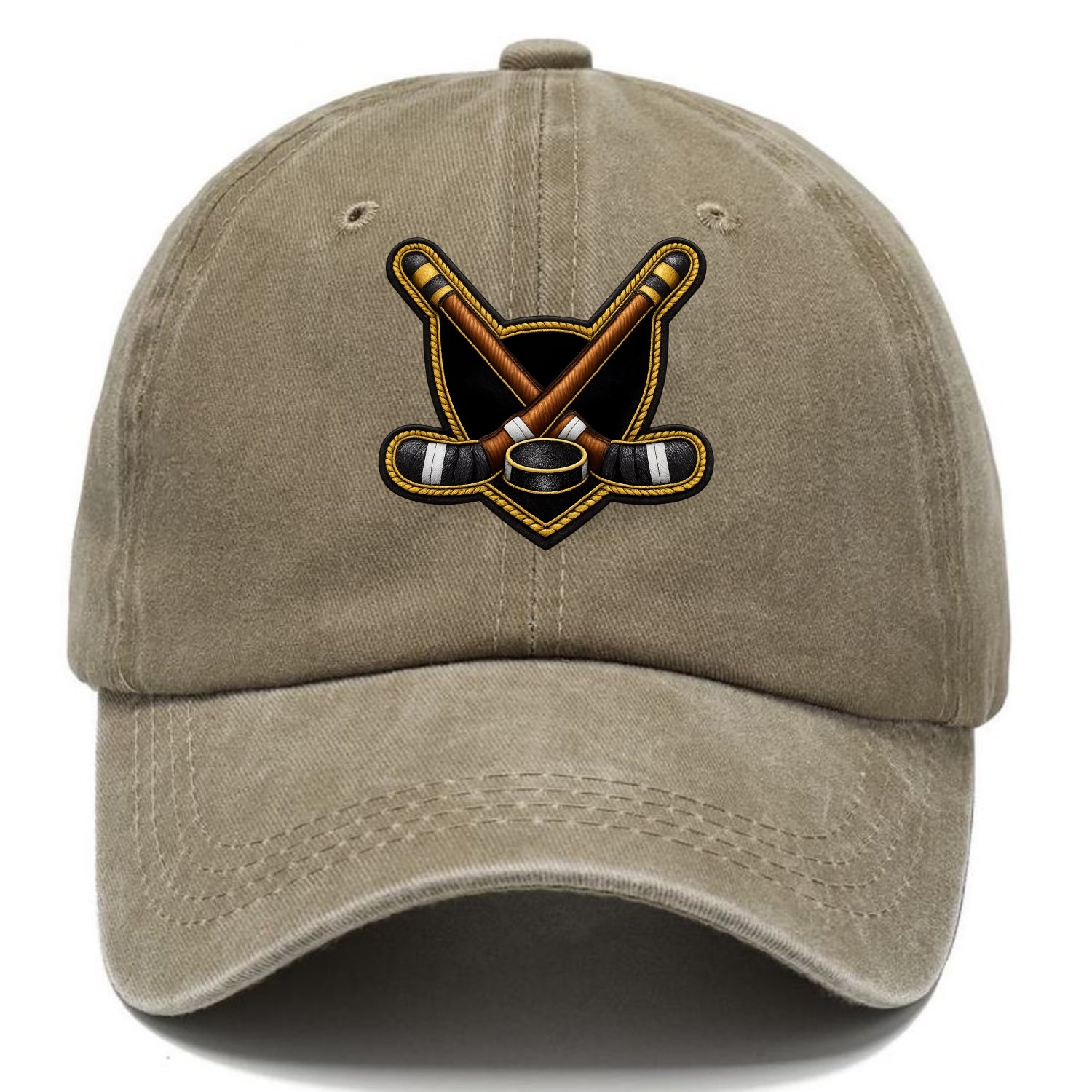 Embroidered patch design - HOCKEY CROSSED STICKS - ice hockey sticks with puck in - Classic Cap - Warm Sand(Khaki)