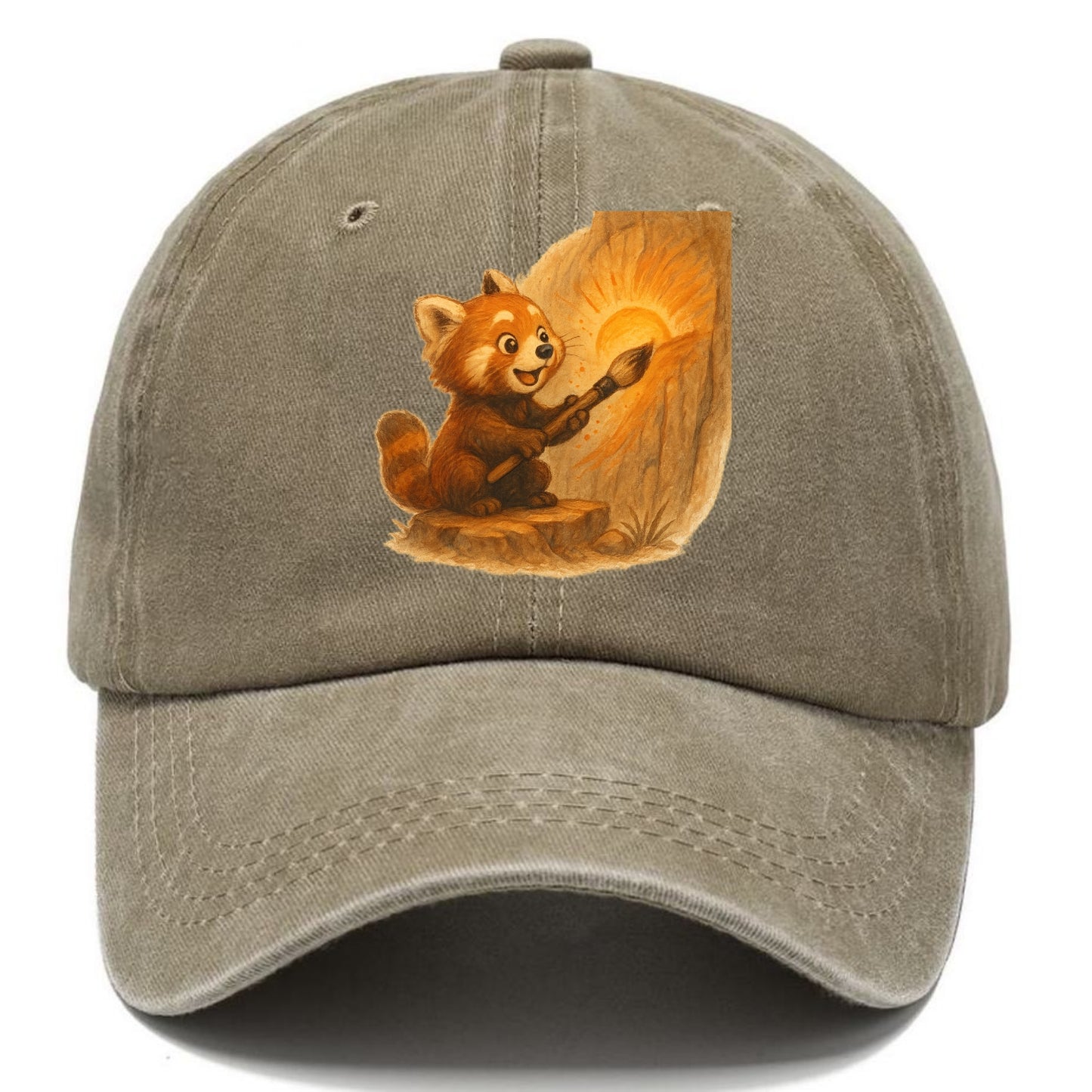 Red panda painting a sunrise mural with an oversized calligraphy brush on a cliff wall - Classic Cap - Warm Sand(Khaki)