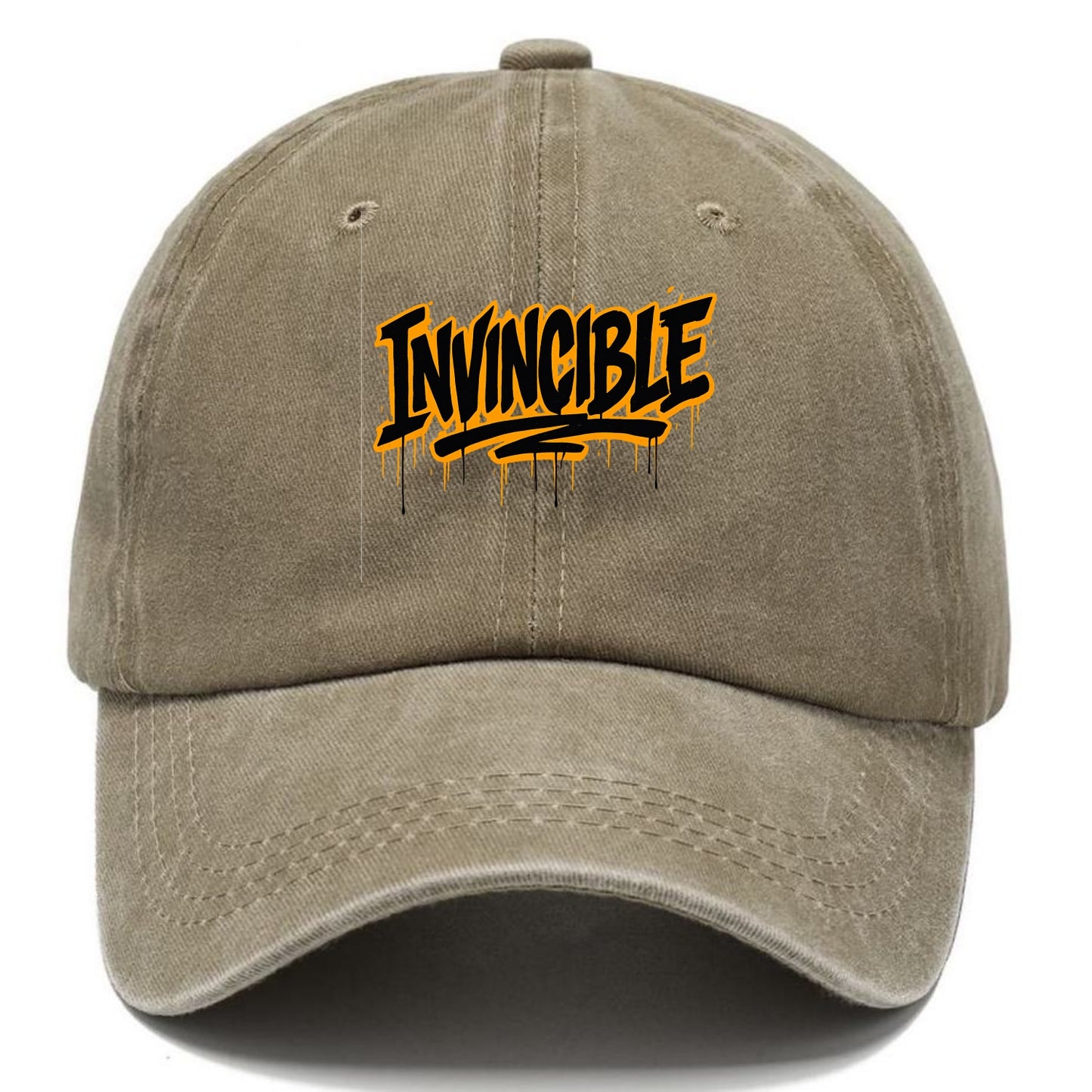Bold typography design - "INVINCIBLE" - cannot be defeated, unconquerable - Classic Cap - Warm Sand(Khaki)