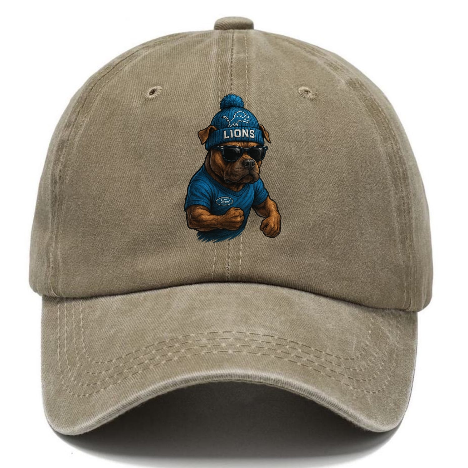 Detroit Pitbull wearing Lions beanie with auto patch and wayfarer sunglasses - Classic Cap - Warm Sand(Khaki)