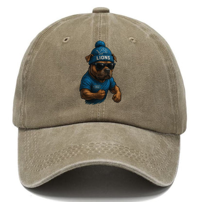 Detroit Pitbull wearing Lions beanie with auto patch and wayfarer sunglasses - Classic Cap - Warm Sand(Khaki)