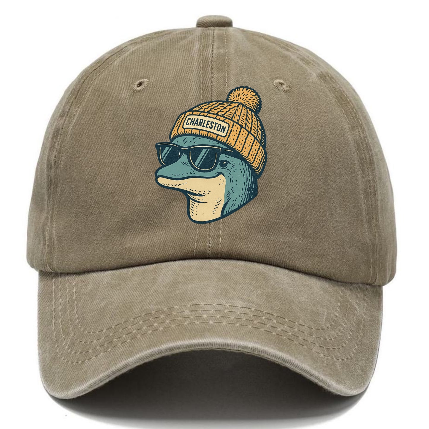 Charleston Dolphin wearing Charleston beanie with pom pom and wayfarer sunglasses - Classic Cap - Warm Sand(Khaki)