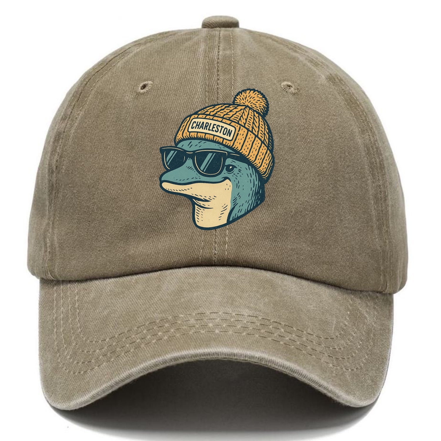 Charleston Dolphin wearing Charleston beanie with pom pom and wayfarer sunglasses - Classic Cap - Warm Sand(Khaki)