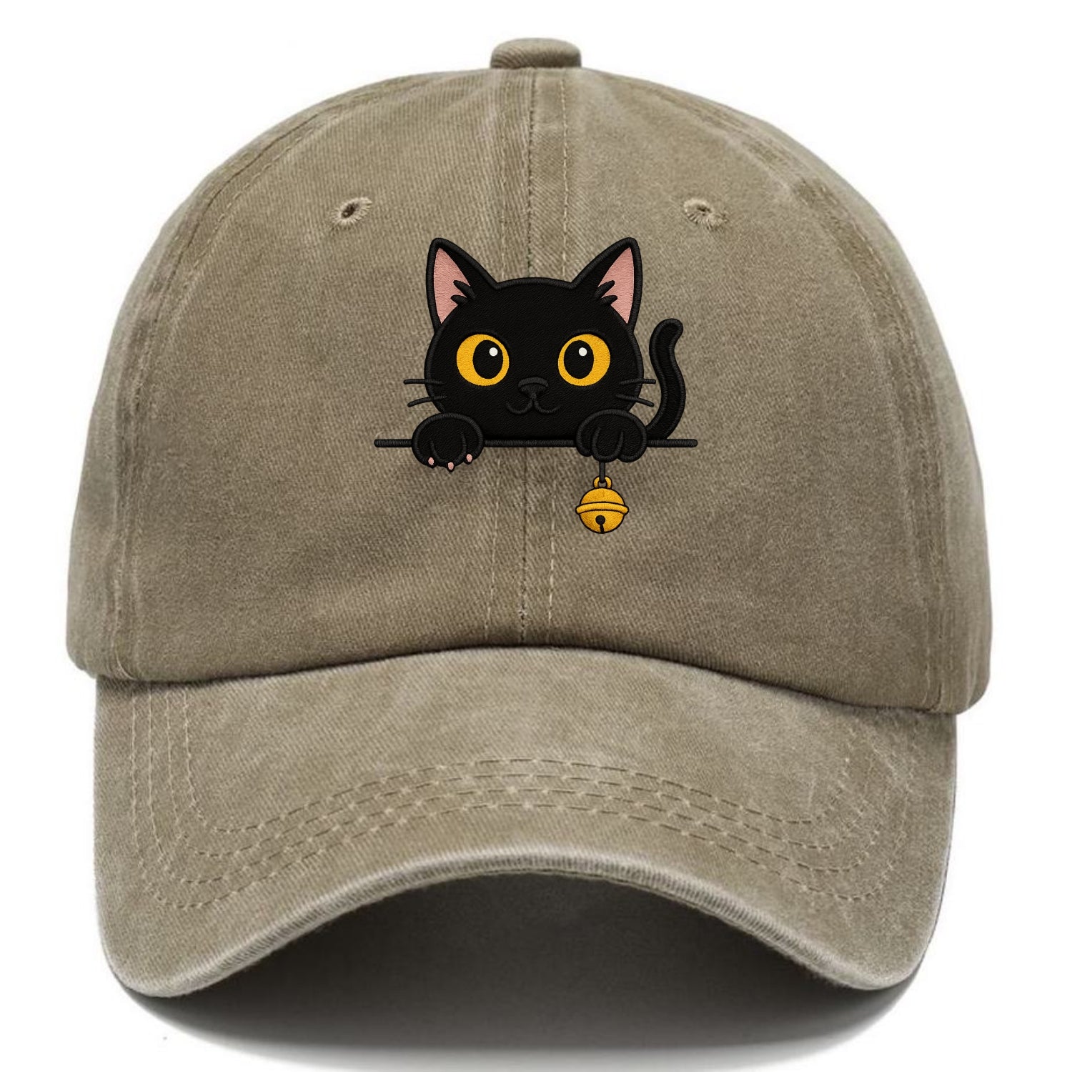 Midnight the black cat leaning sideways with chin resting on left paw. - Classic Cap - Warm Sand(Khaki)