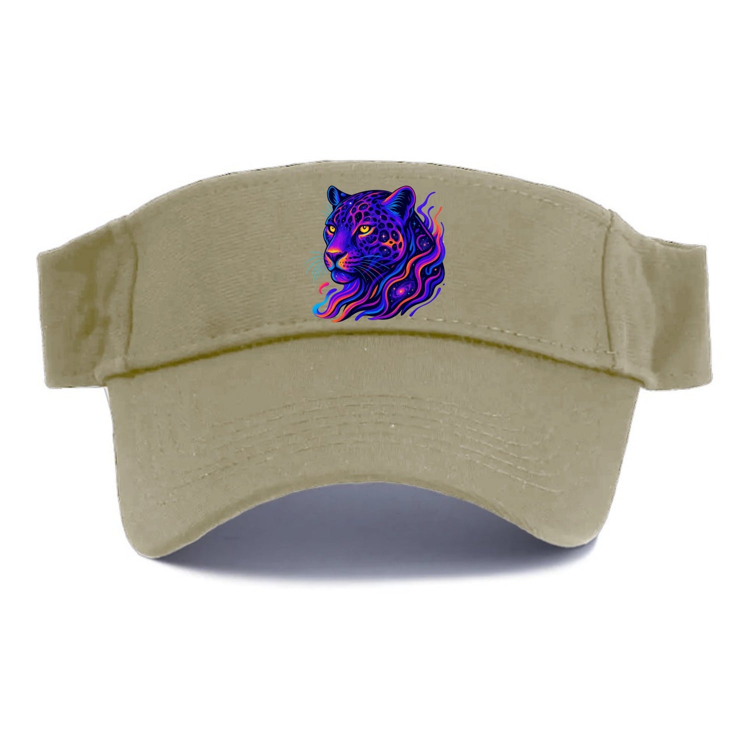 Powerful jaguar with rosettes containing miniature galaxies, cosmic purple and orange - Visor - Warm Sand(Khaki)