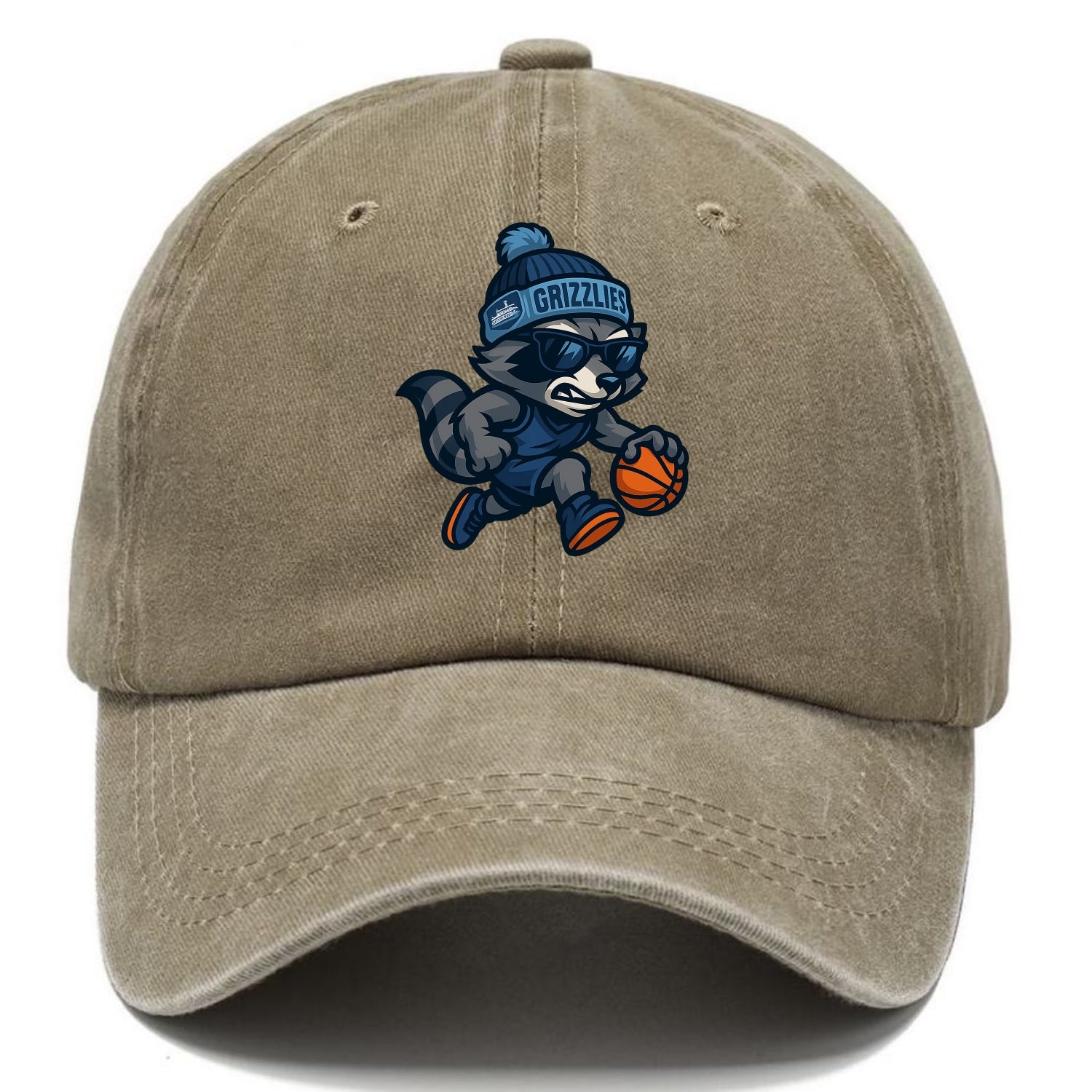 Memphis Raccoon wearing Grizzlies beanie with riverboat patch and wayfarer sunglasses - Classic Cap - Warm Sand(Khaki)