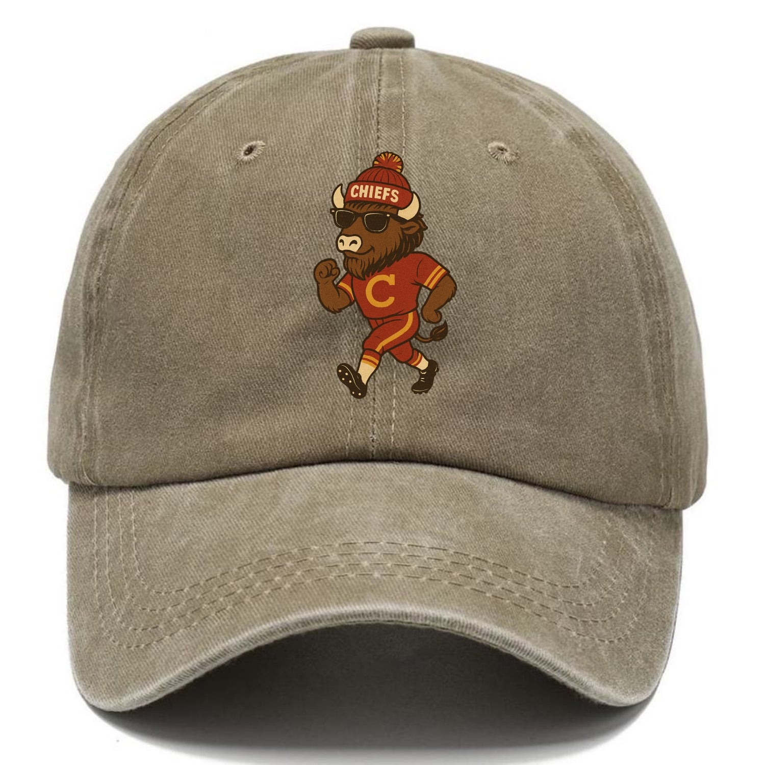 KC Bison wearing Chiefs beanie with arrowhead patch and wayfarer sunglasses - Classic Cap - Warm Sand(Khaki)