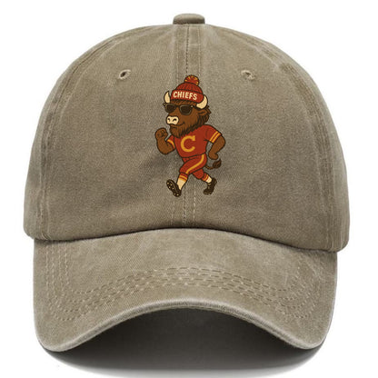 KC Bison wearing Chiefs beanie with arrowhead patch and wayfarer sunglasses - Classic Cap - Warm Sand(Khaki)