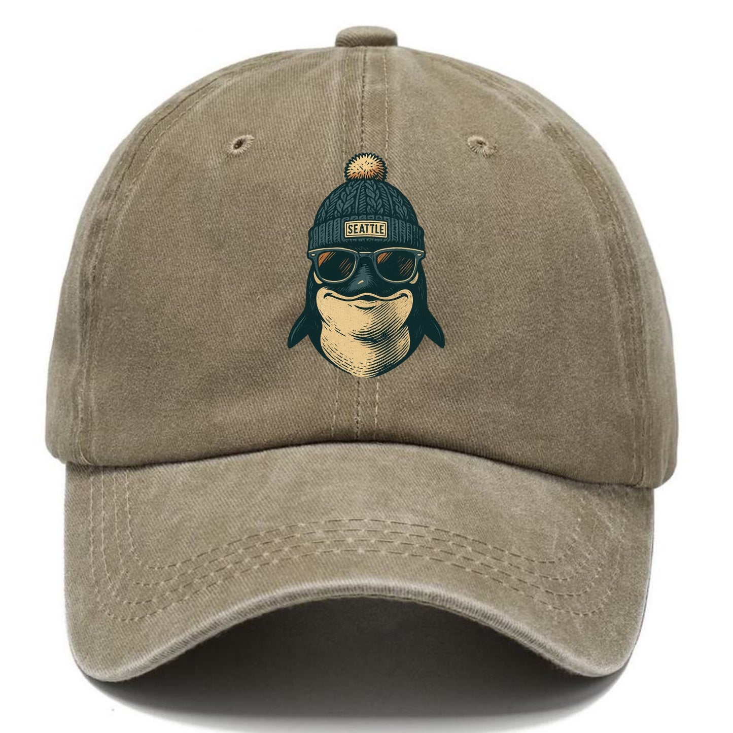 Washington Orca wearing Seattle beanie with pom pom and wayfarer sunglasses - Classic Cap - Warm Sand(Khaki)