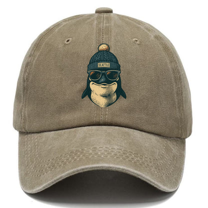 Washington Orca wearing Seattle beanie with pom pom and wayfarer sunglasses - Classic Cap - Warm Sand(Khaki)