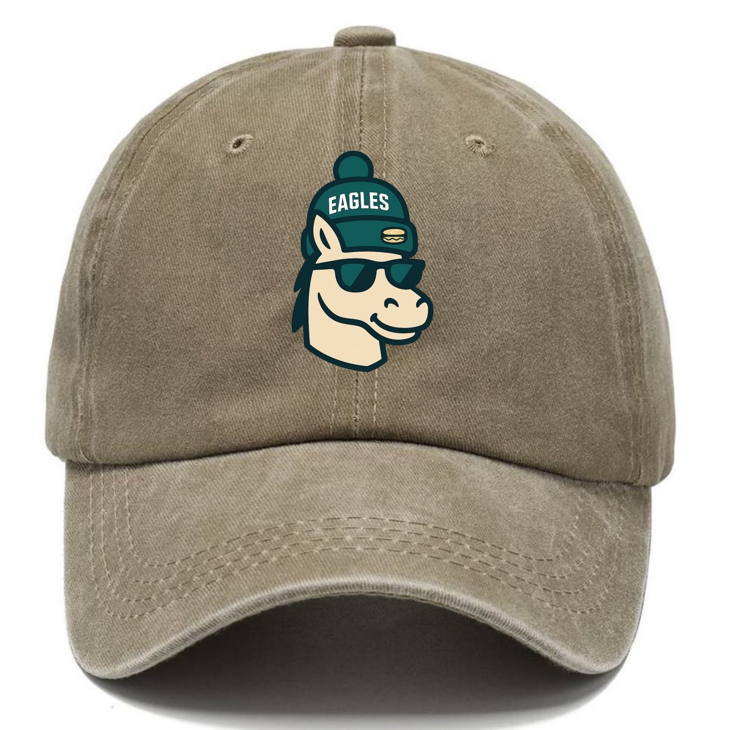 Philadelphia Horse wearing Eagles beanie with cheesesteak patch and wayfarer - Classic Cap - Warm Sand(Khaki)
