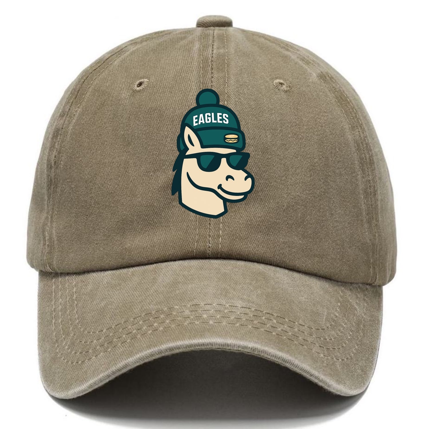 Philadelphia Horse wearing Eagles beanie with cheesesteak patch and wayfarer - Classic Cap - Warm Sand(Khaki)
