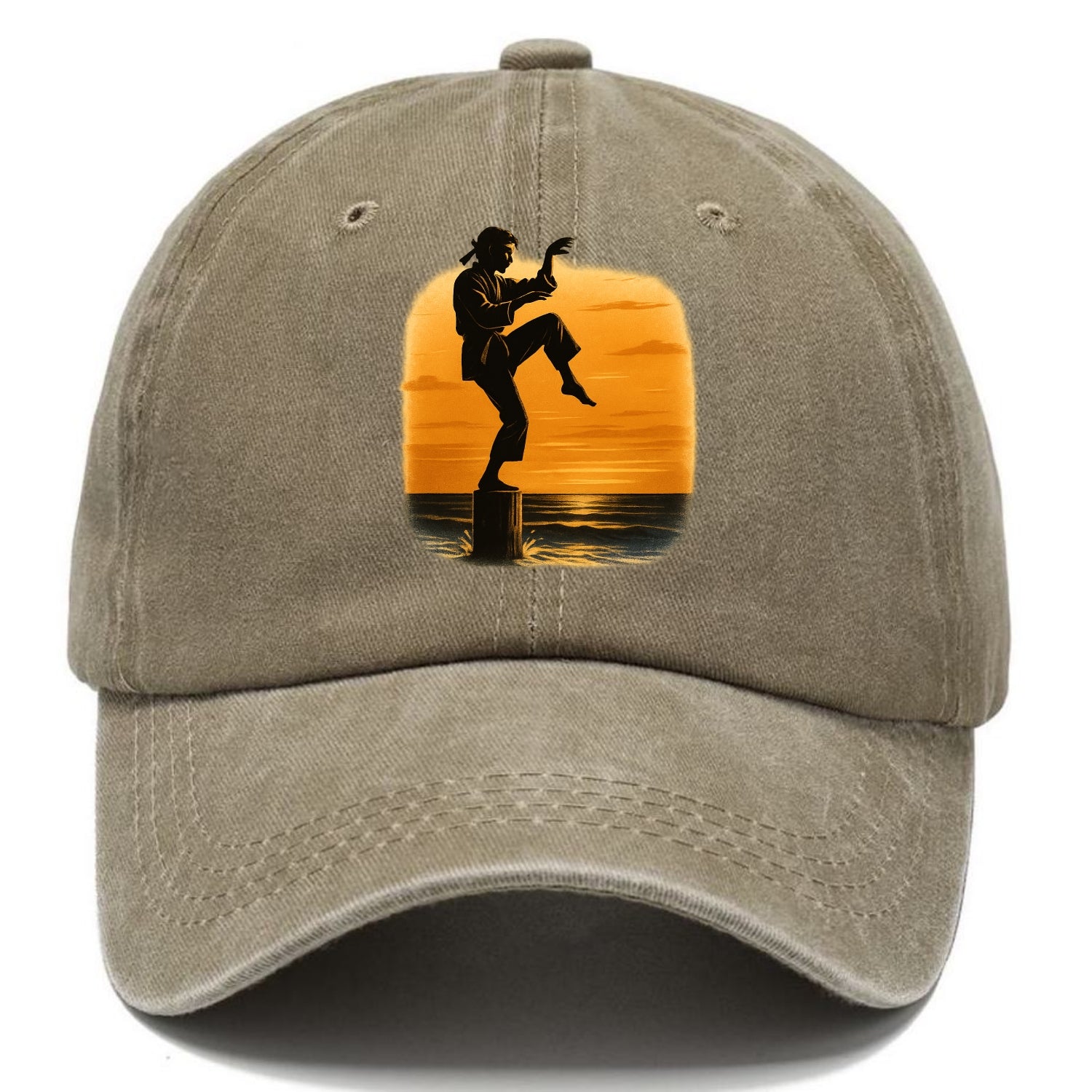 karate crane kick pose on wooden post at beach sunset - Classic Cap - Warm Sand(Khaki)