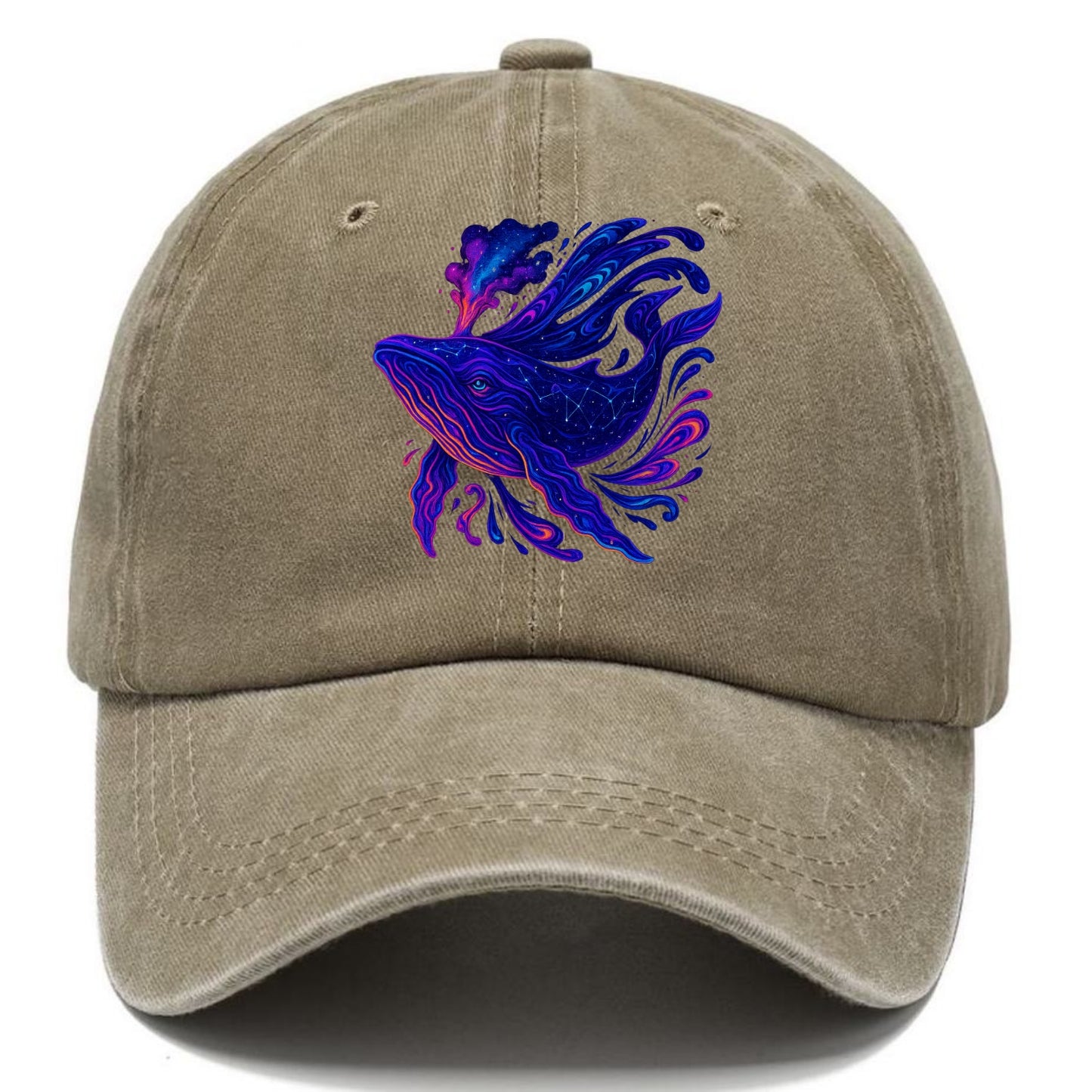 Majestic whale with body composed of galaxy clusters, stellar fins flowing like - Classic Cap - Warm Sand(Khaki)