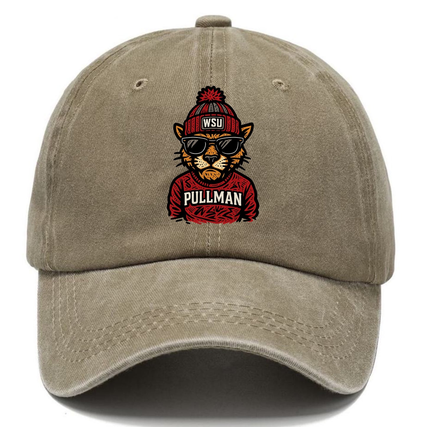 Pullman Cougar wearing Washington State beanie with WSU patch - Classic Cap - Warm Sand(Khaki)
