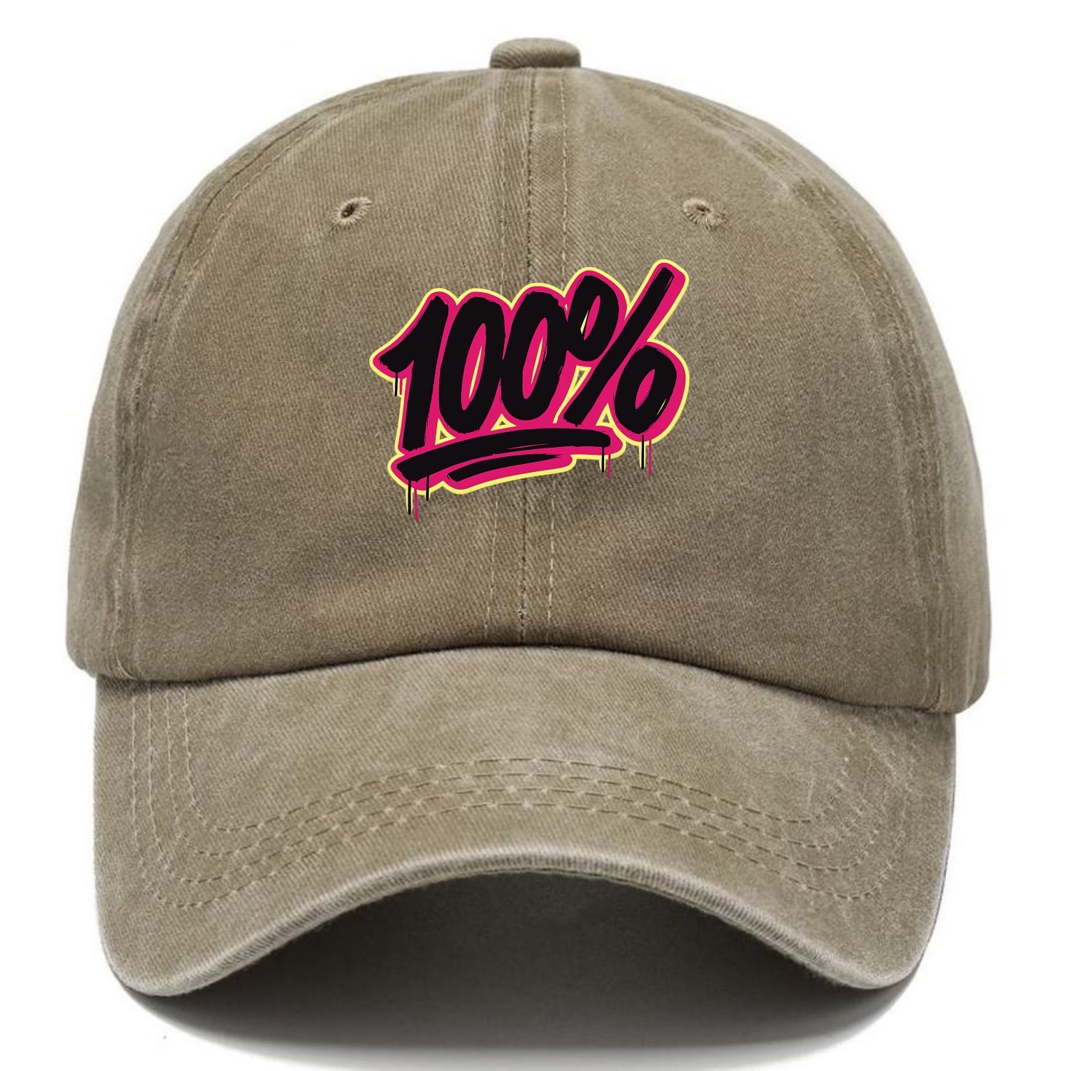 Bold typography design - "100%" - all in, fully committed - Classic Cap - Warm Sand(Khaki)