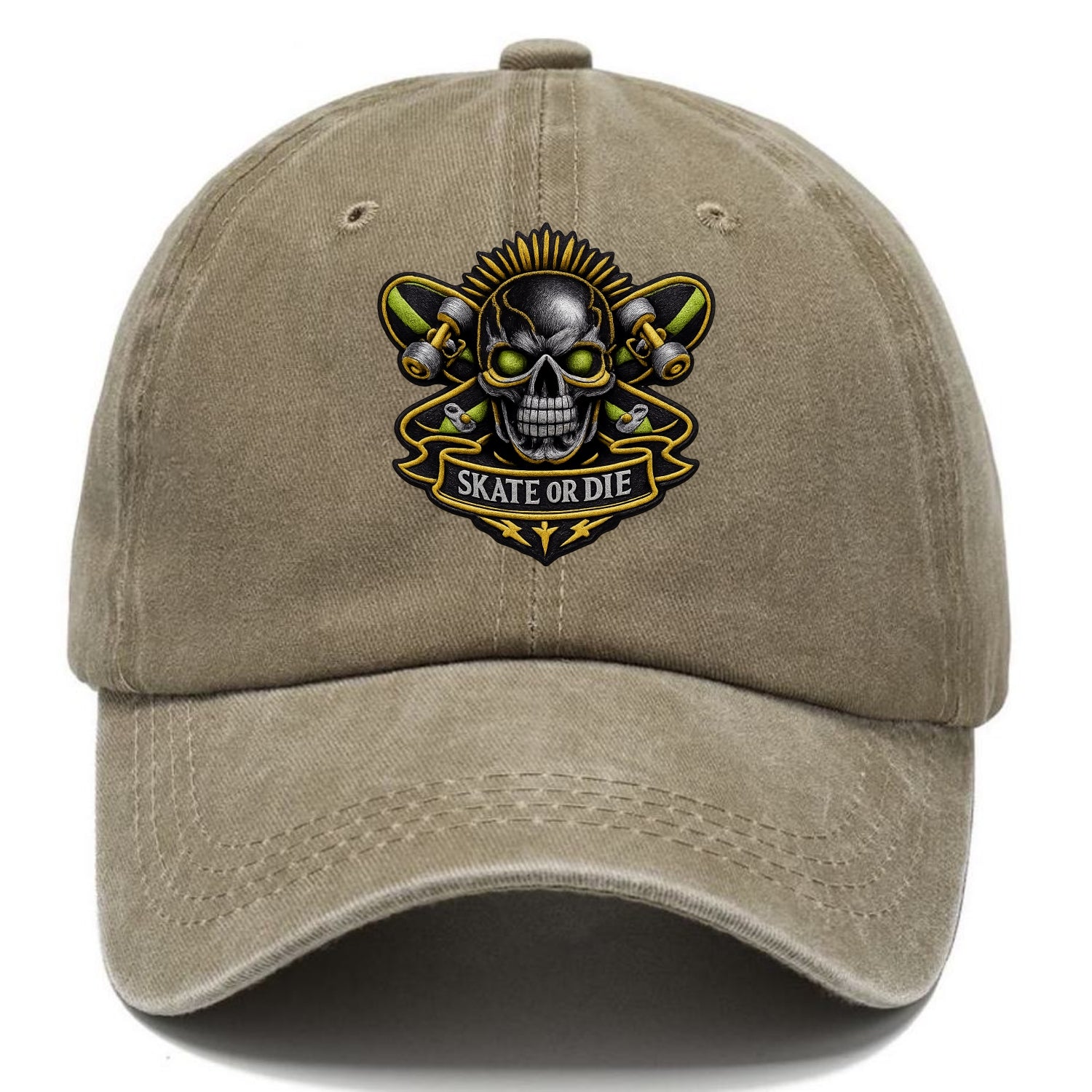 Embroidered patch design - SKATEBOARD SKULL - skull with skateboard in black and neon - Classic Cap - Warm Sand(Khaki)