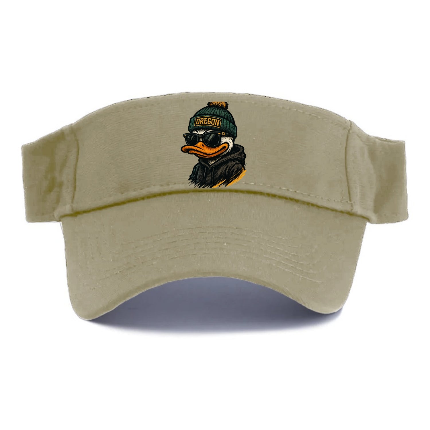 Eugene Duck wearing Oregon beanie with O patch - Visor - Warm Sand(Khaki)