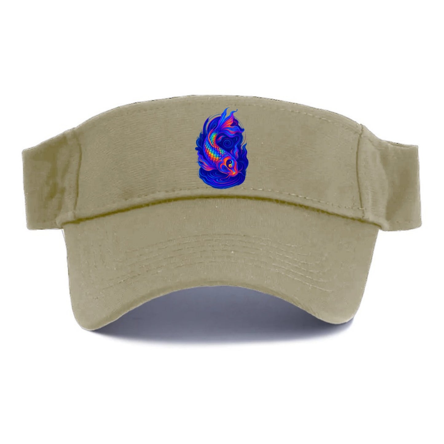 Sacred koi with scales reflecting rainbow prisms, yin-yang patterns in cosmic colors, - Visor - Warm Sand(Khaki)