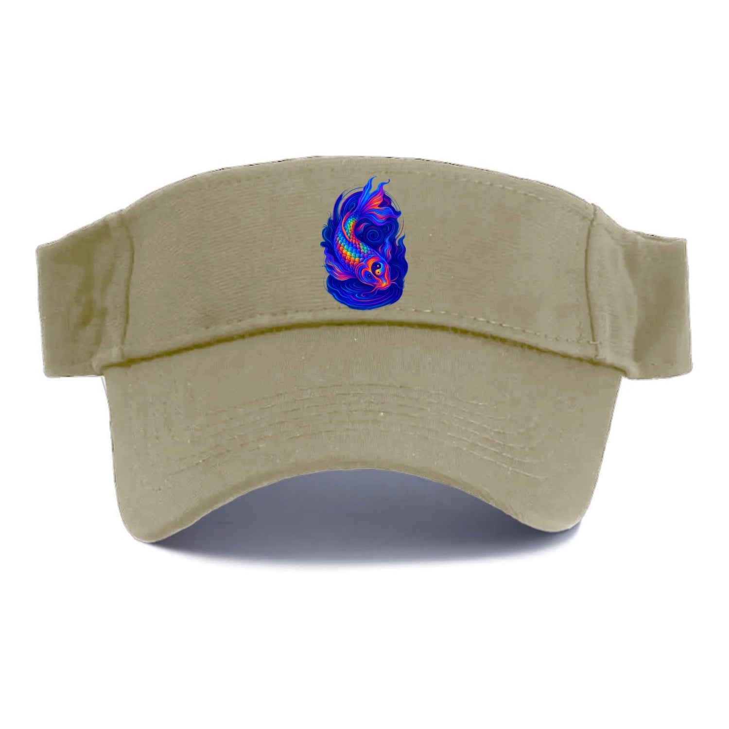 Sacred koi with scales reflecting rainbow prisms, yin-yang patterns in cosmic colors, - Visor - Warm Sand(Khaki)
