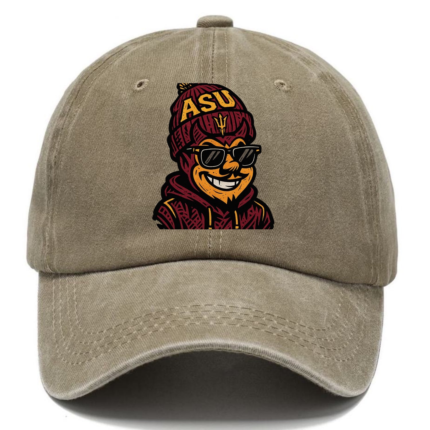 Tempe Sparky wearing Arizona State beanie with fork patch - Classic Cap - Warm Sand(Khaki)