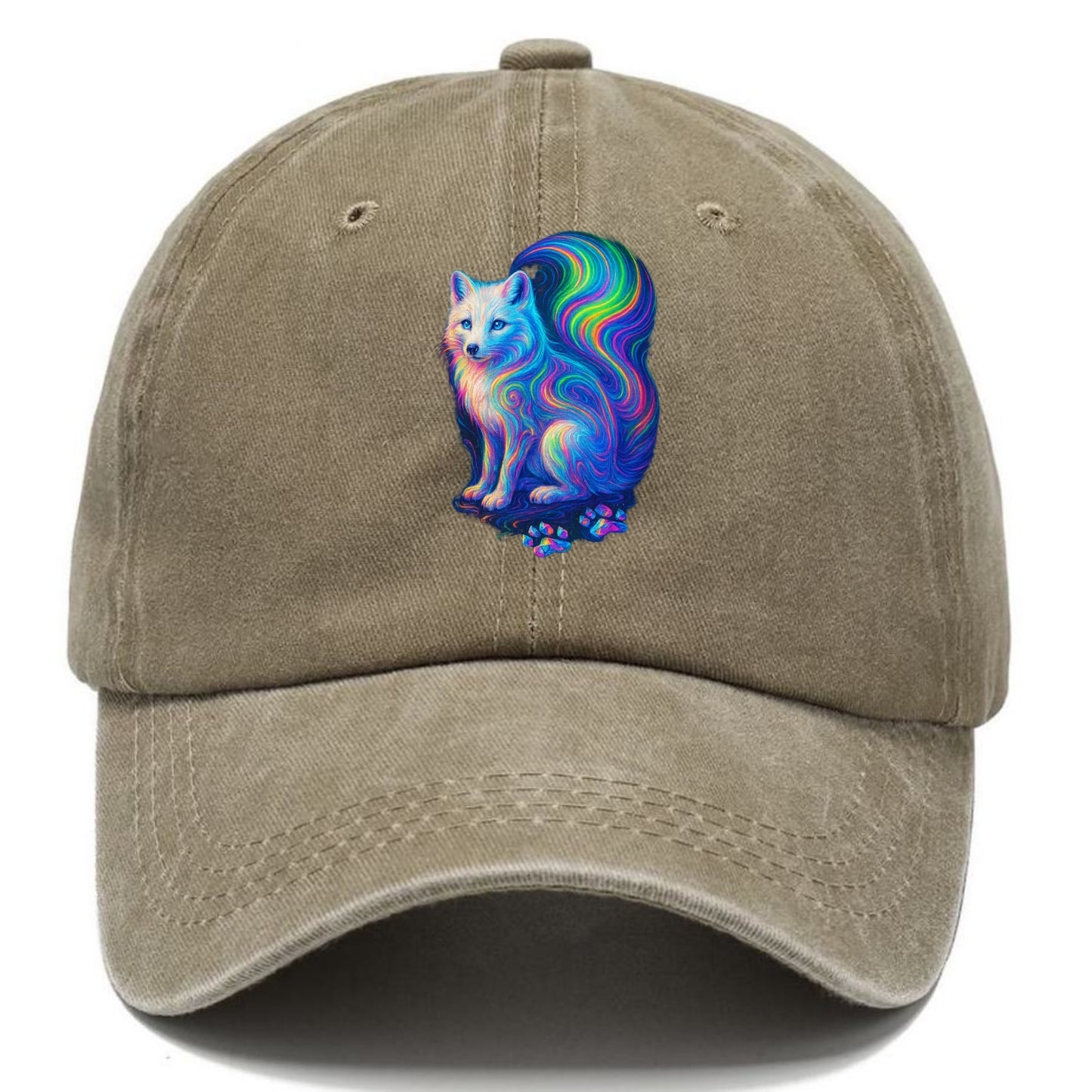 Graceful arctic fox with tail streaming aurora colors, white fur with prismatic - Classic Cap - Warm Sand(Khaki)