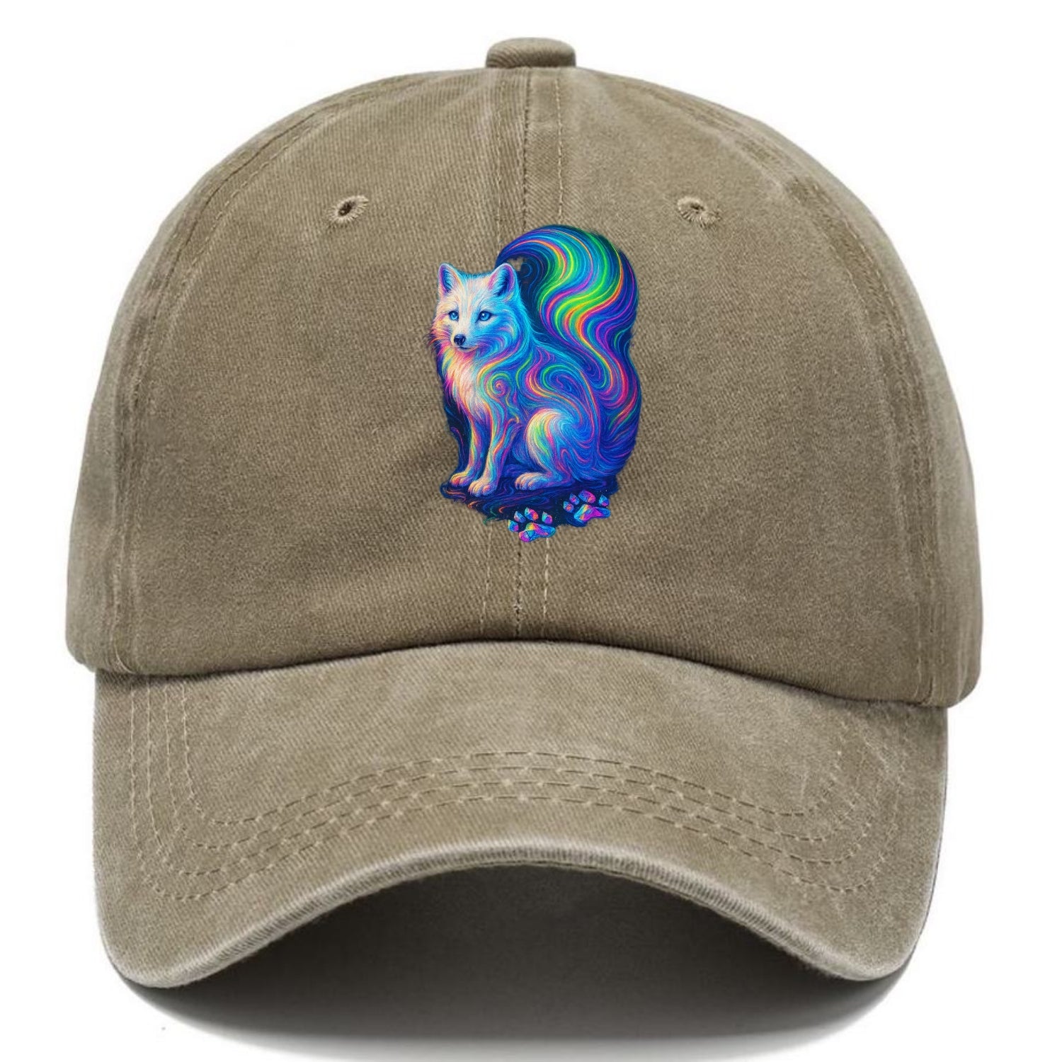 Graceful arctic fox with tail streaming aurora colors, white fur with prismatic - Classic Cap - Warm Sand(Khaki)