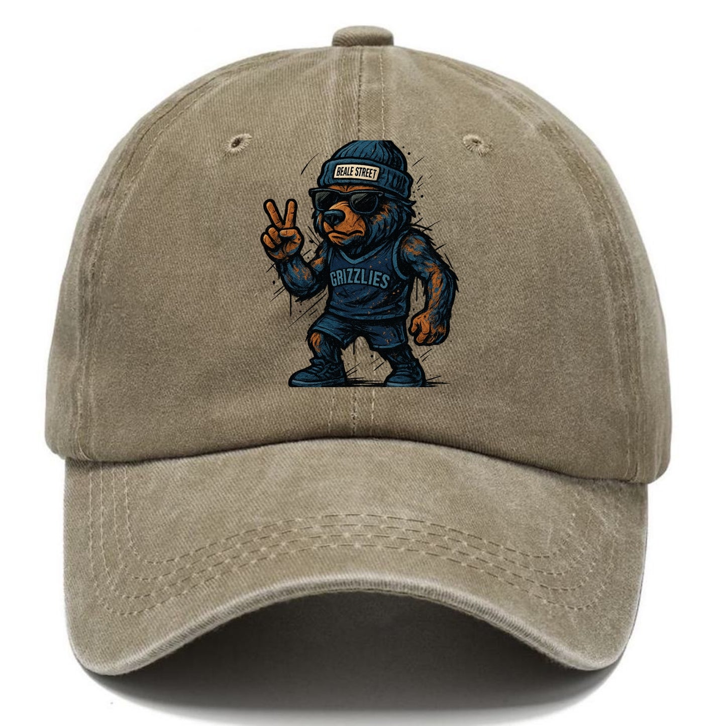 Memphis Grizzly Bear wearing Grizzlies navy and light blue beanie with Beale Street - Classic Cap - Warm Sand(Khaki)