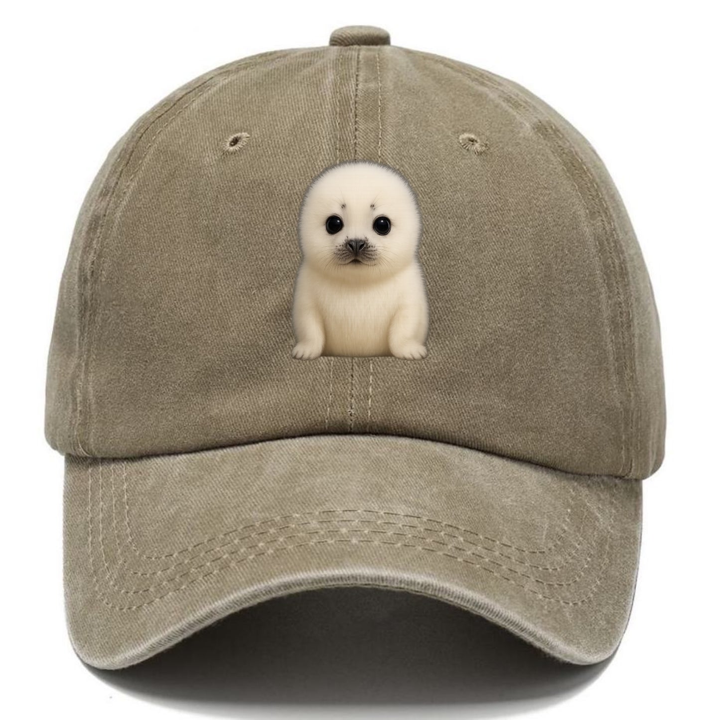 Baby Harp Seal - pure white fluffy fur, enormous dark eyes, front-facing, iconic cute - Classic Cap - Warm Sand(Khaki)