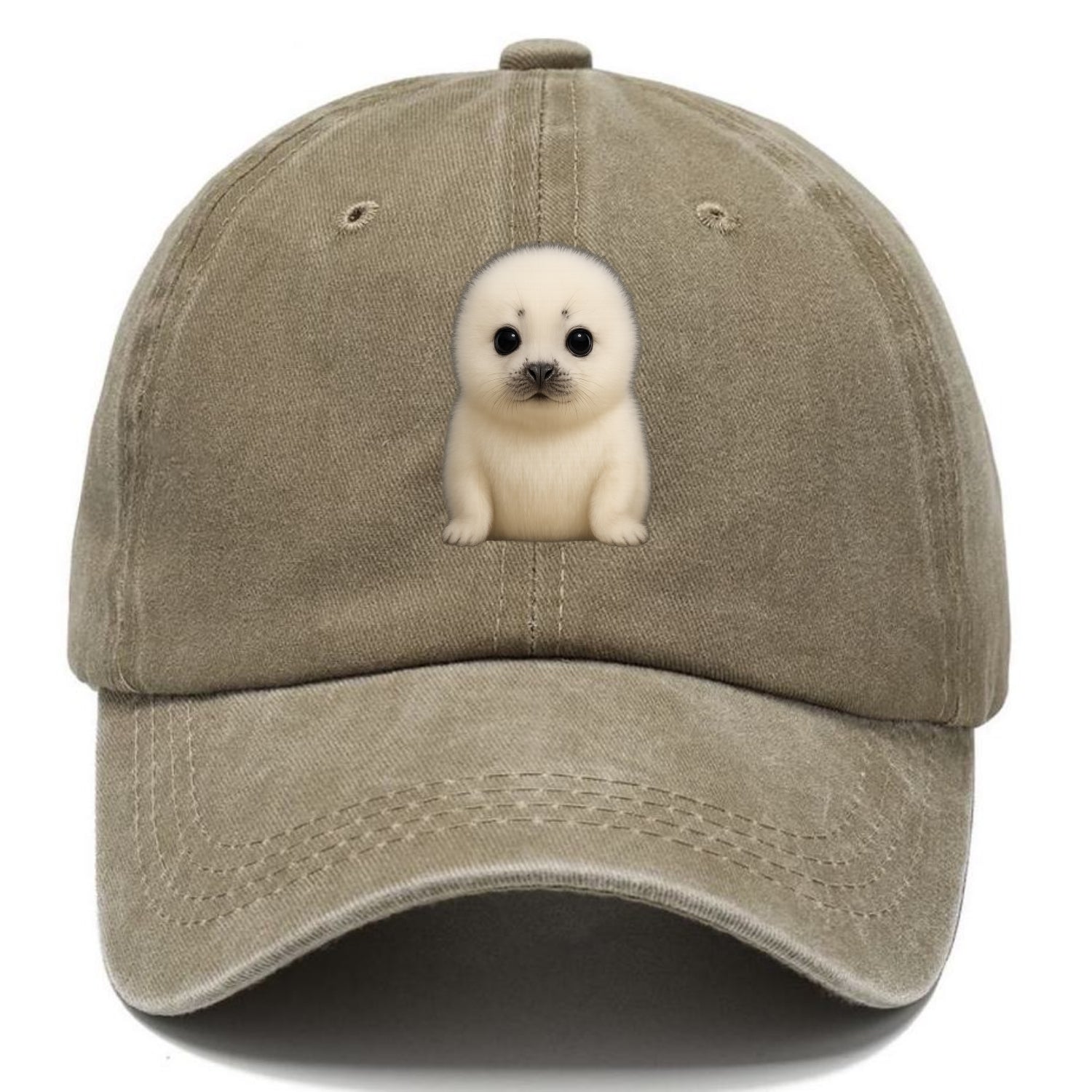 Baby Harp Seal - pure white fluffy fur, enormous dark eyes, front-facing, iconic cute - Classic Cap - Warm Sand(Khaki)
