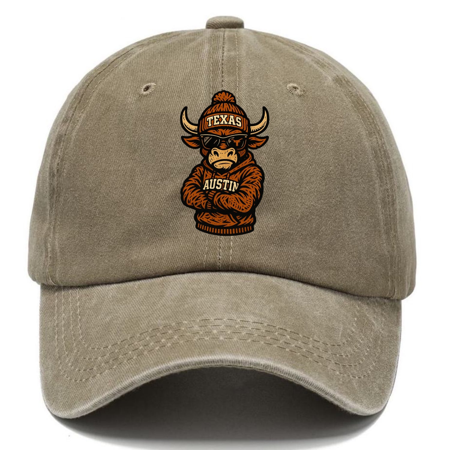 Austin Bevo wearing Texas beanie with longhorn patch - Classic Cap - Warm Sand(Khaki)