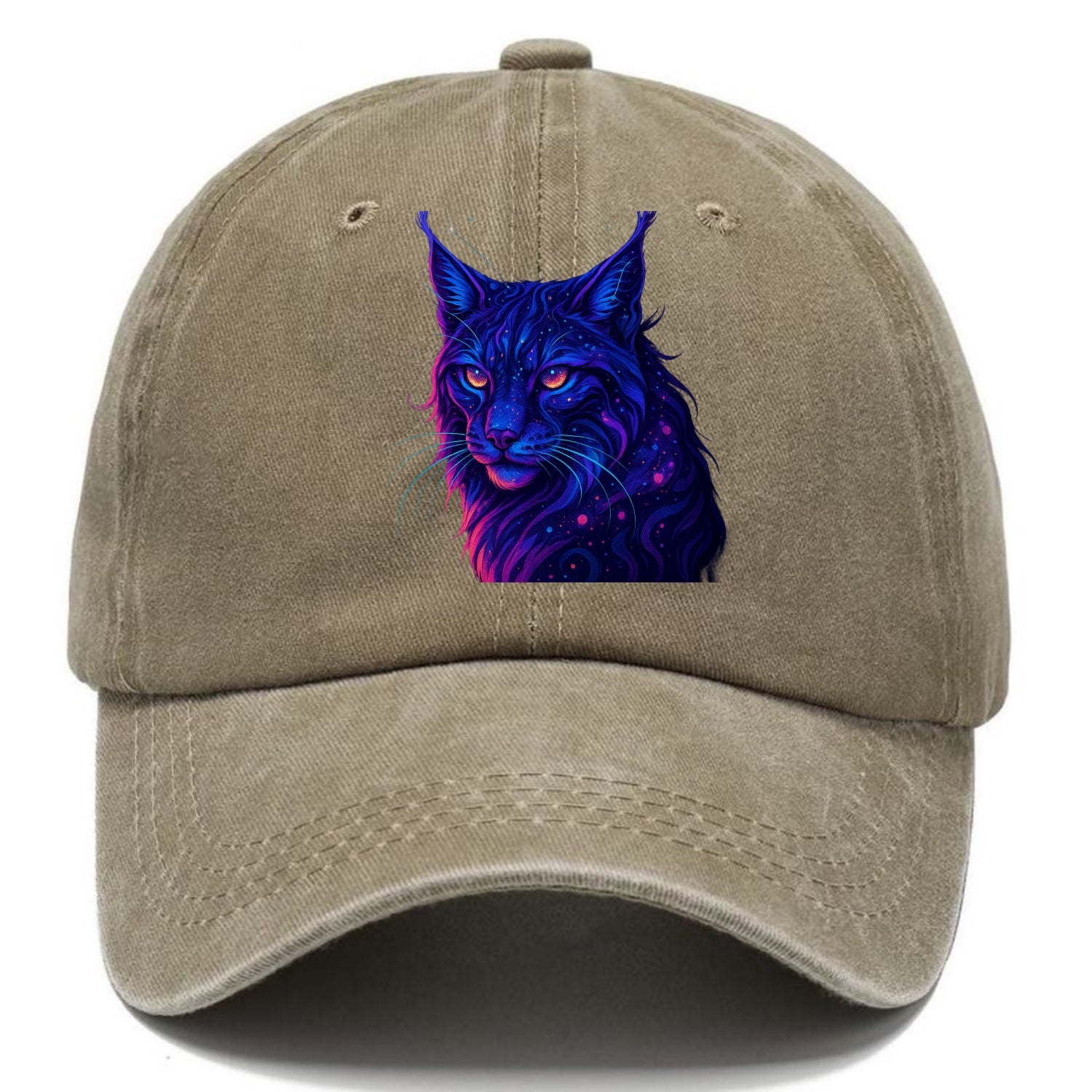 Stealthy lynx with ear tufts forming constellation patterns, nebula spots across the - Classic Cap - Warm Sand(Khaki)