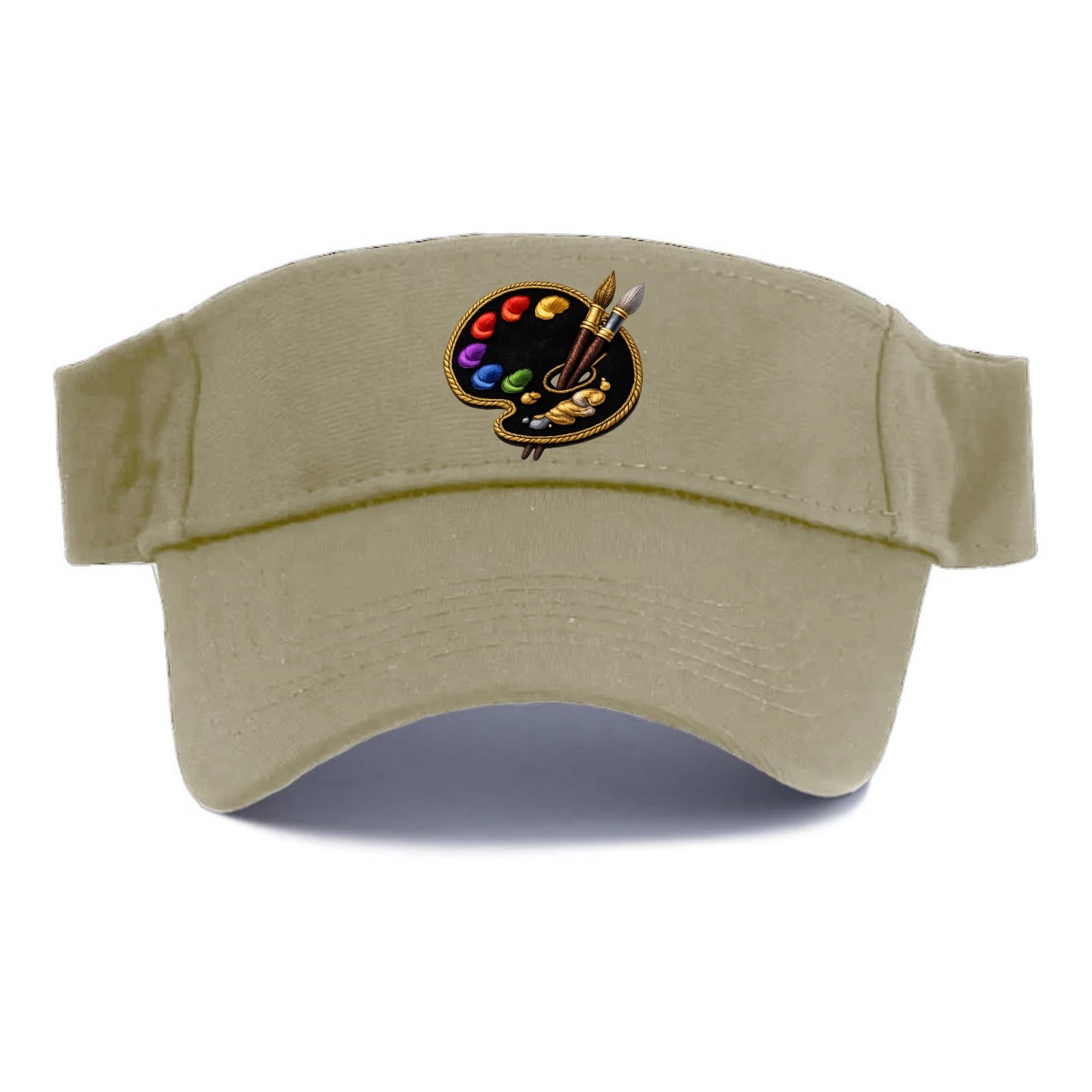 Embroidered patch design - PAINT PALETTE - artist palette with brushes in rainbow and brown - Visor - Warm Sand(Khaki)