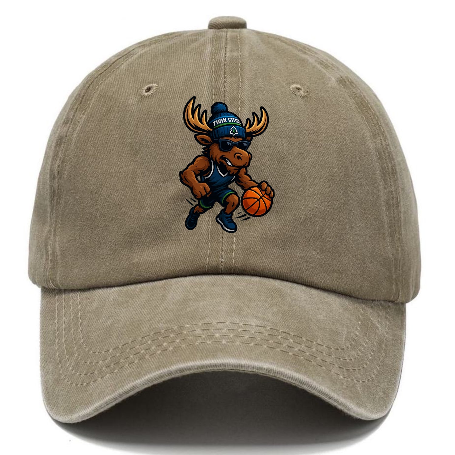 Twin Cities Moose wearing Timberwolves beanie with pine tree patch and wayfarer - Classic Cap - Warm Sand(Khaki)