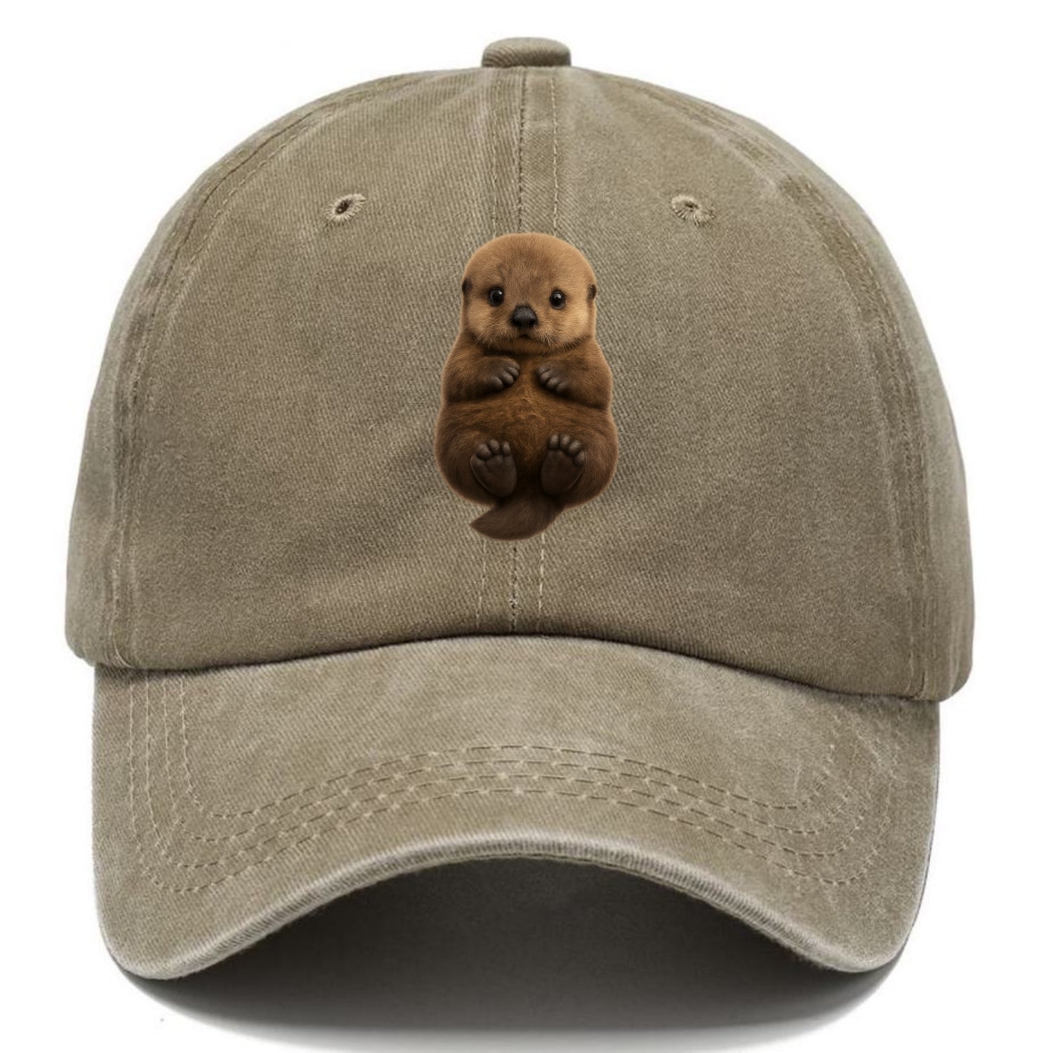Baby Sea Otter - brown fluffy, floating on back, tiny paws, bright eyes, - Classic Cap - Warm Sand(Khaki)