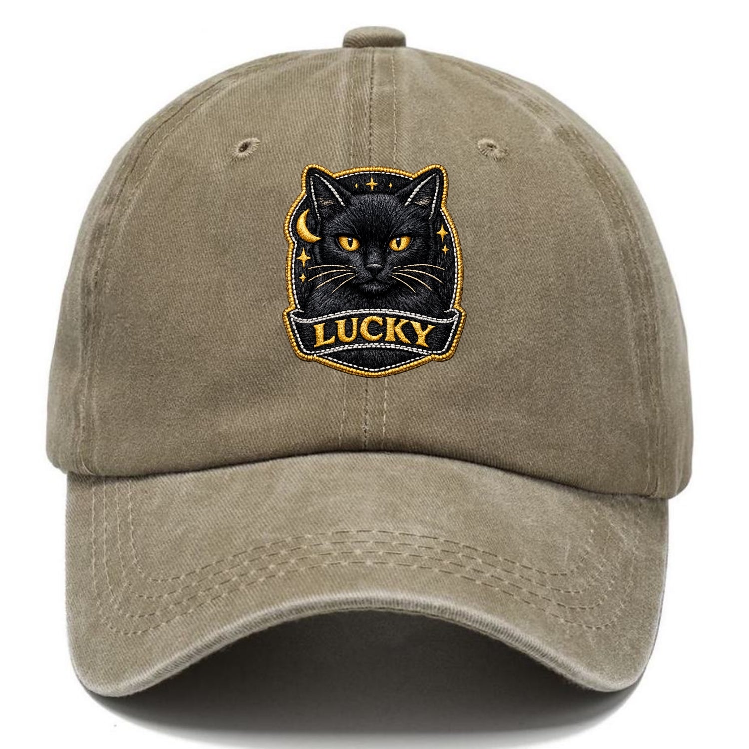 BLACK CAT LUCKY - sleek black cat with gold eyes in black , mysterious feline - Classic Cap - Warm Sand(Khaki)