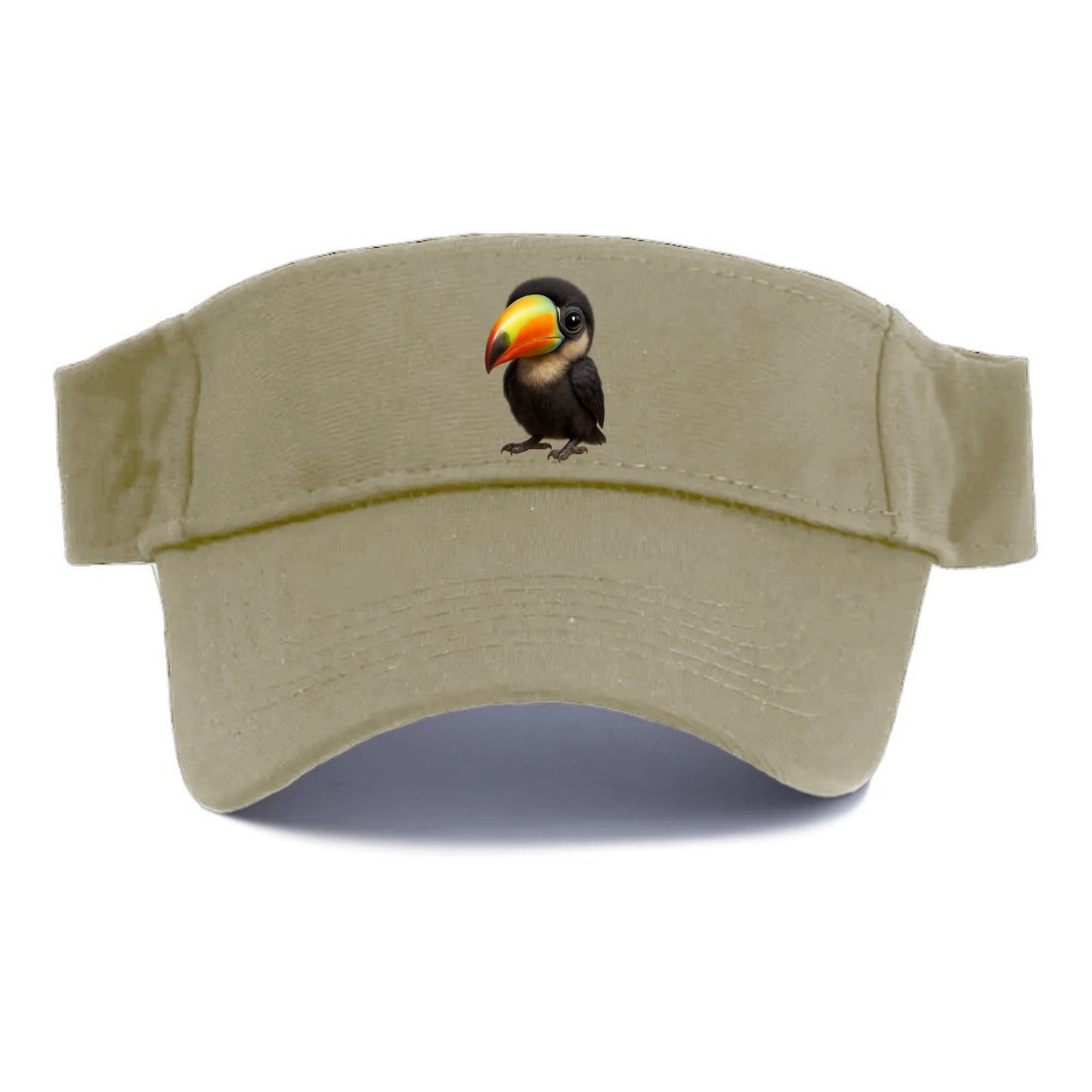 Baby Toucan - oversized colorful beak, black feathers, bright eyes, front-facing, fruit - Visor - Warm Sand(Khaki)