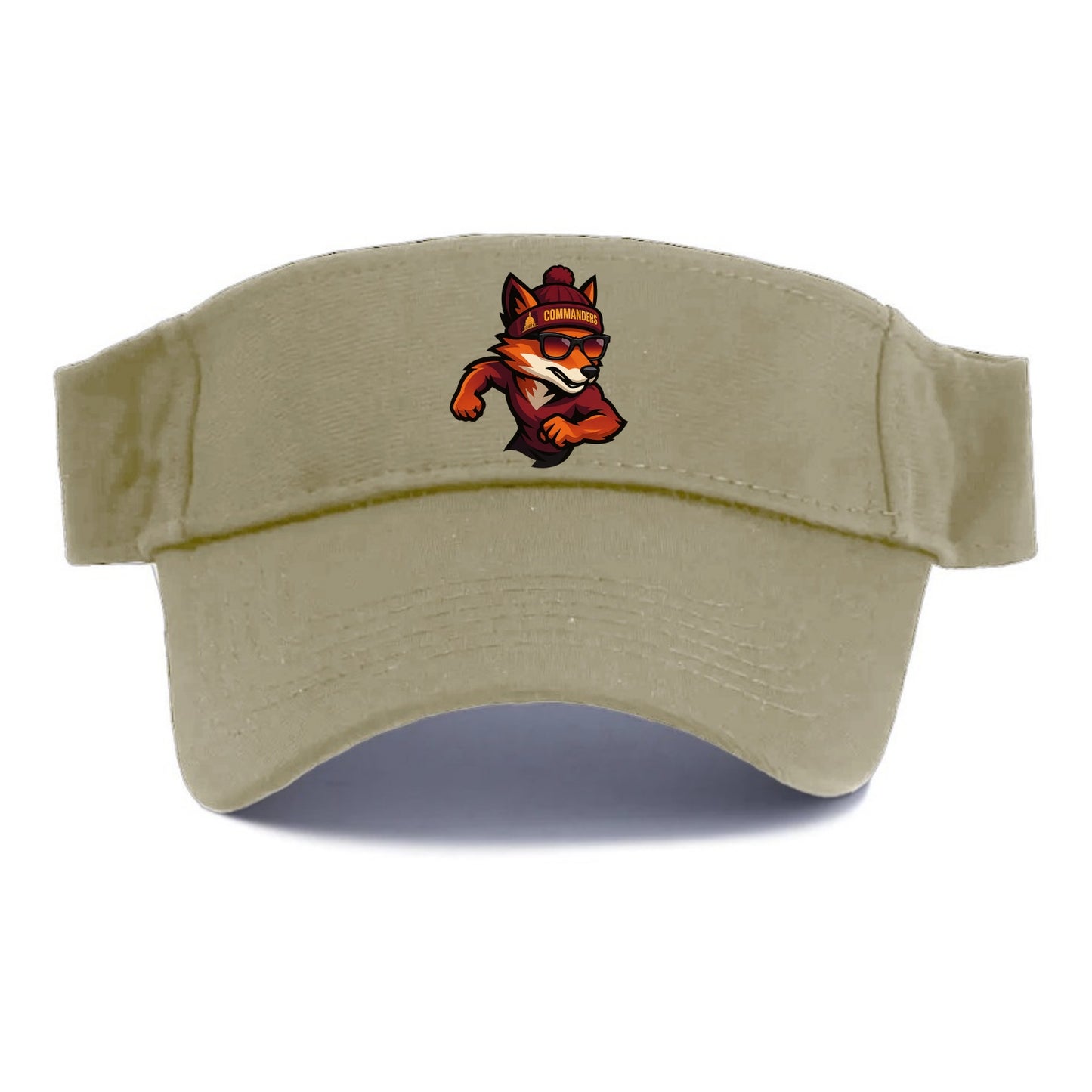 Washington Fox wearing Commanders beanie with Capitol patch and wayfarer sunglasses - Visor - Warm Sand(Khaki)