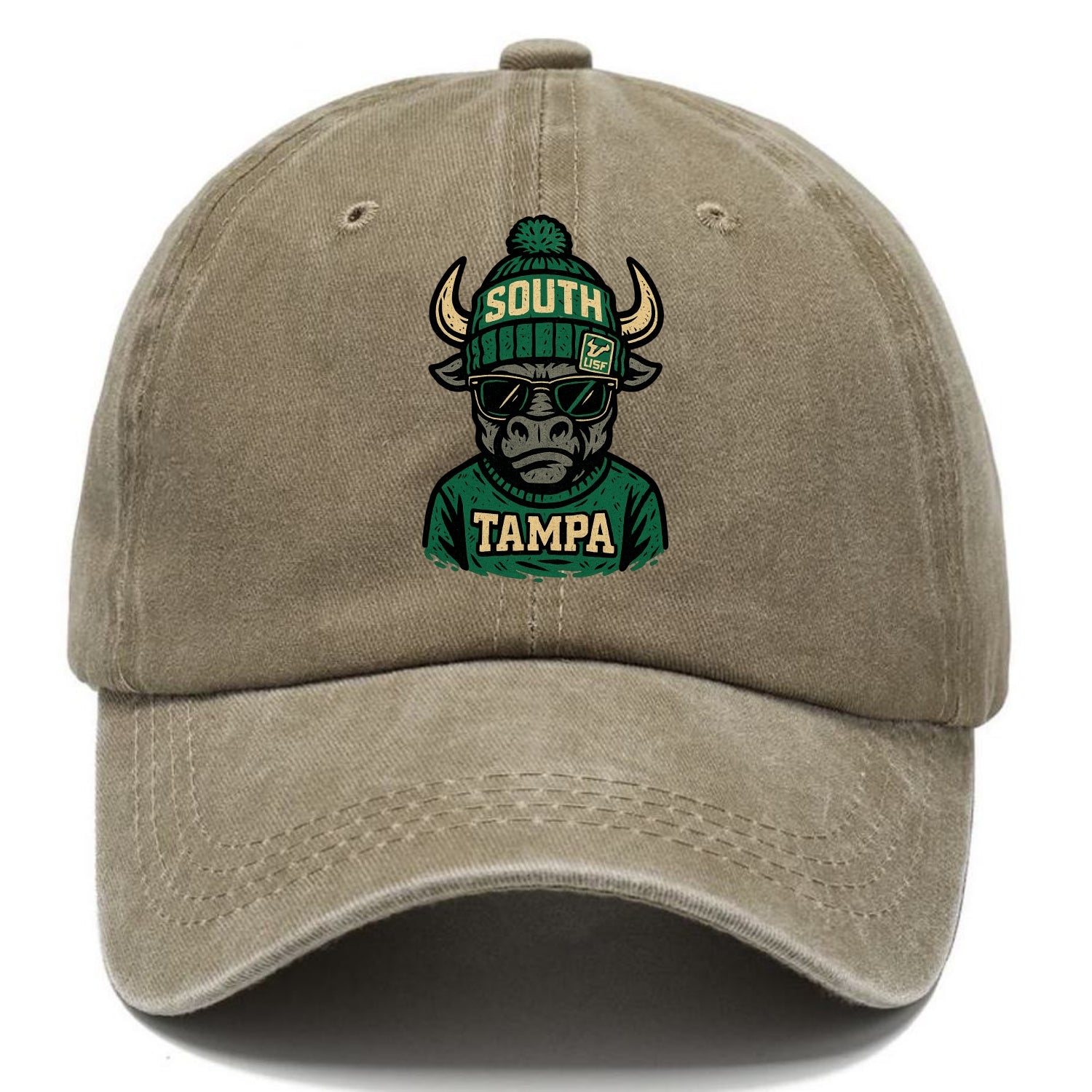 Tampa Bull wearing South Florida beanie with USF patch - Classic Cap - Warm Sand(Khaki)