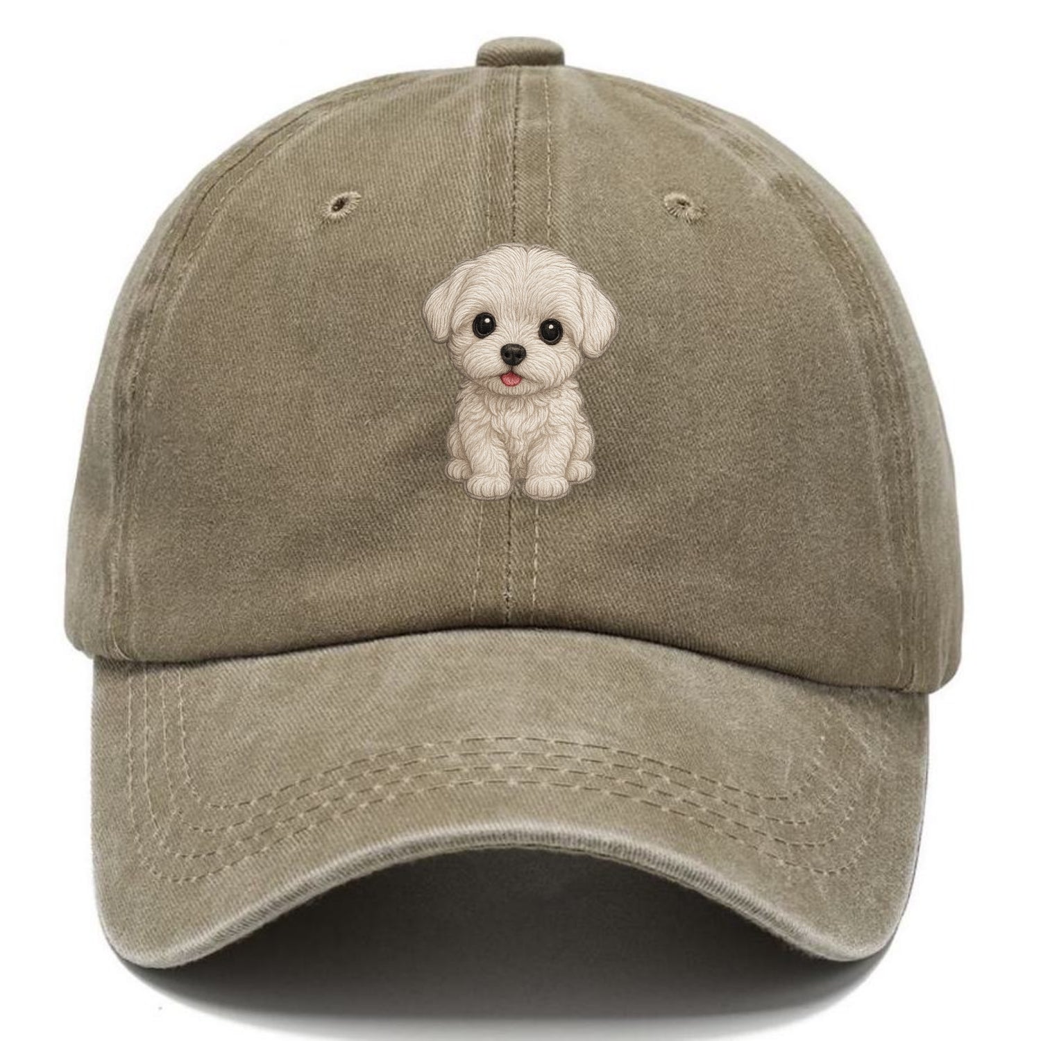 Baby Maltese Puppy - pure white silky coat, black button eyes, tiny nose, - Classic Cap - Warm Sand(Khaki)