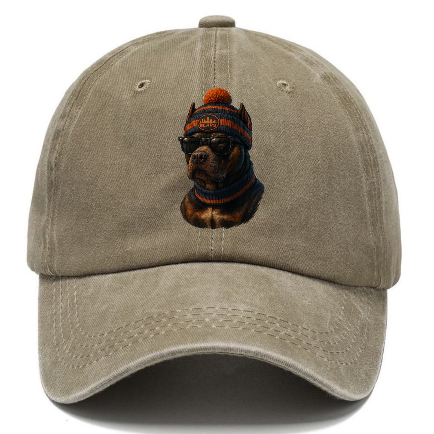 Chicago Pitbull wearing Bears beanie with skyline patch and wayfarer sunglasses - Classic Cap - Warm Sand(Khaki)