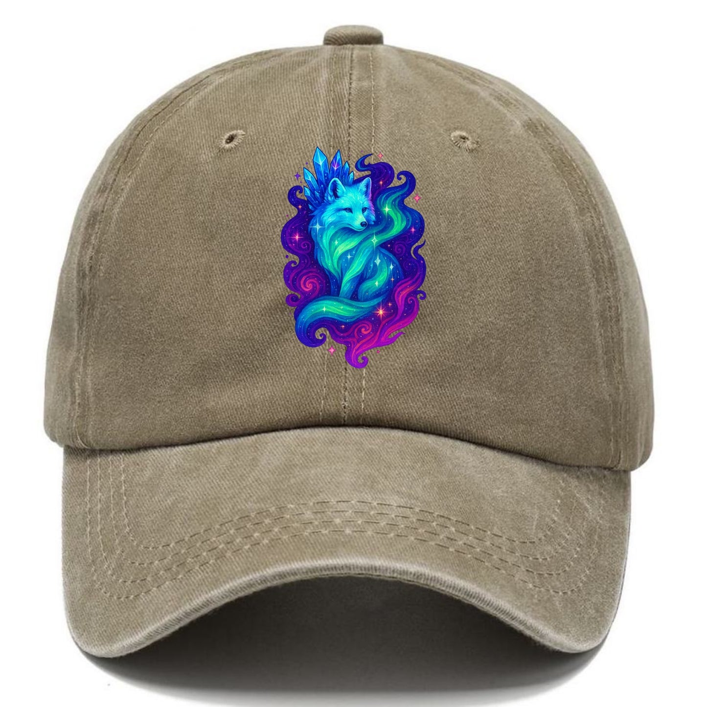 Ethereal arctic fox with fur that transforms into crystal formations, northern lights - Classic Cap - Warm Sand(Khaki)