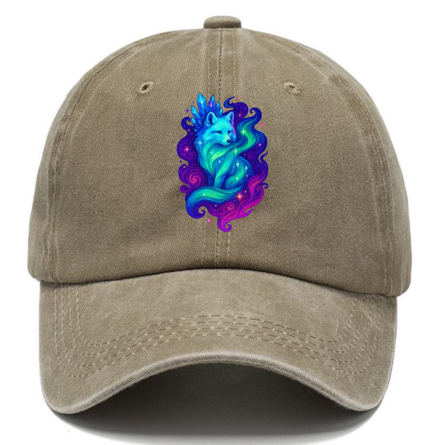 Ethereal arctic fox with fur that transforms into crystal formations, northern lights - Classic Cap - Warm Sand(Khaki)