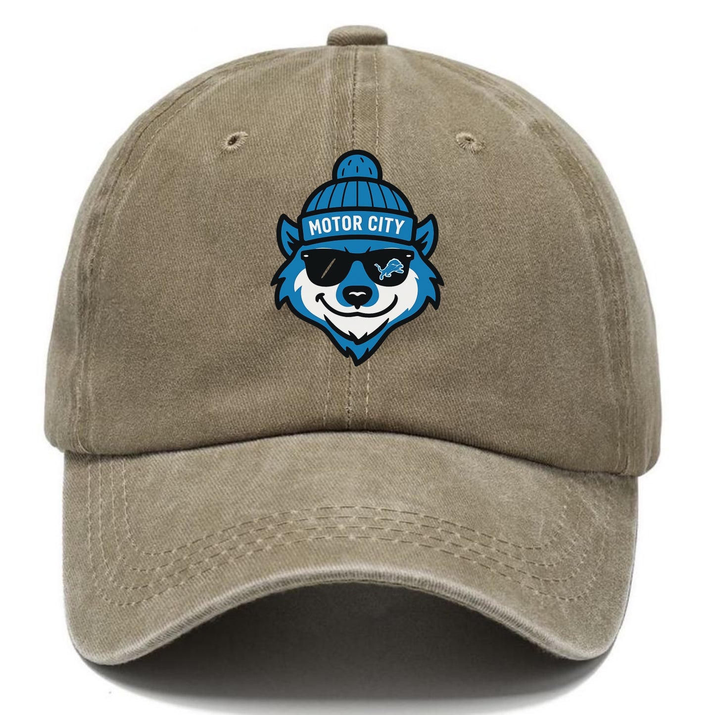 Motor City Wolverine wearing Lions beanie with gear patch and wayfarer sunglasses - Classic Cap - Warm Sand(Khaki)
