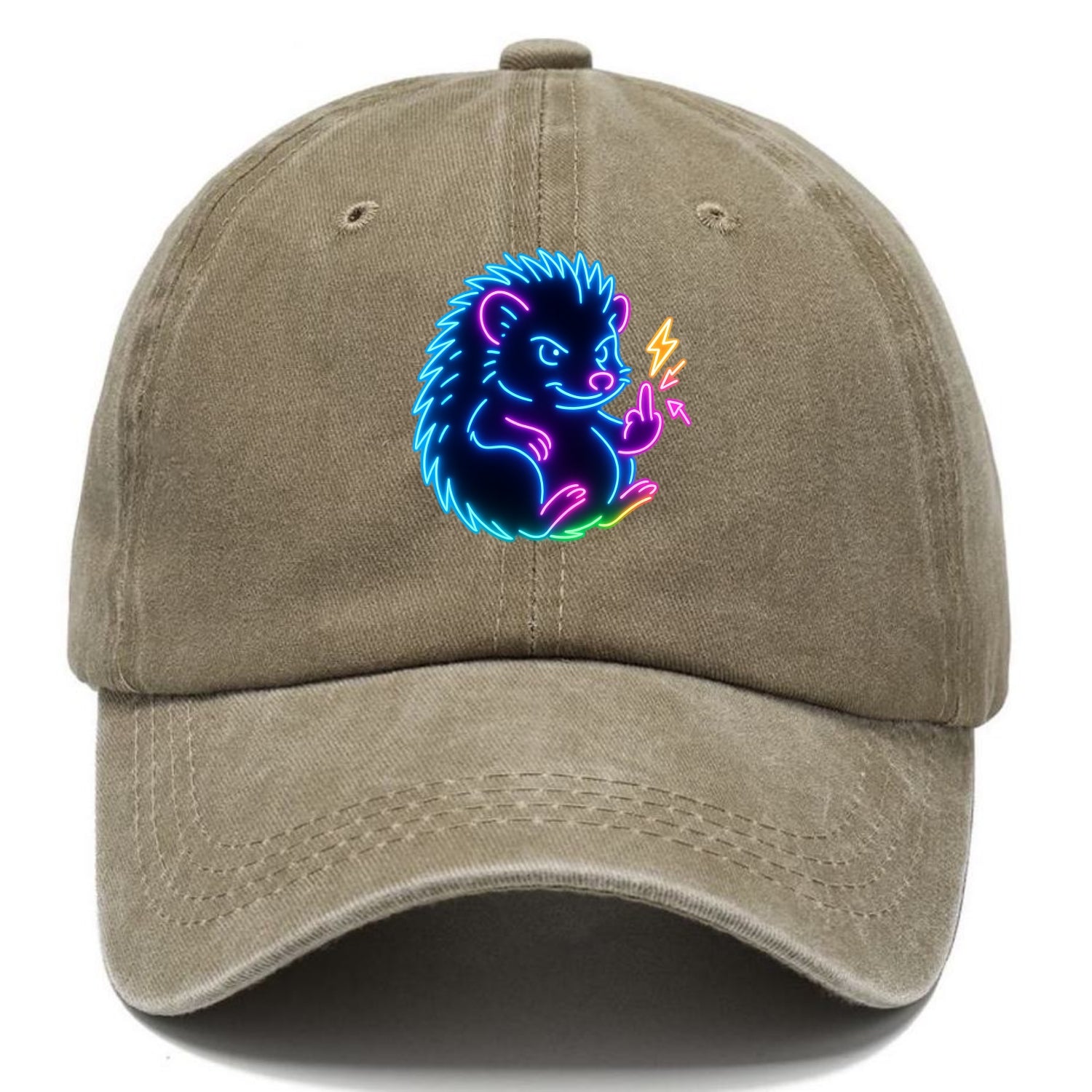tiny hedgehog curled up slightly, one little paw raised flipping the bird - Classic Cap - Warm Sand(Khaki)
