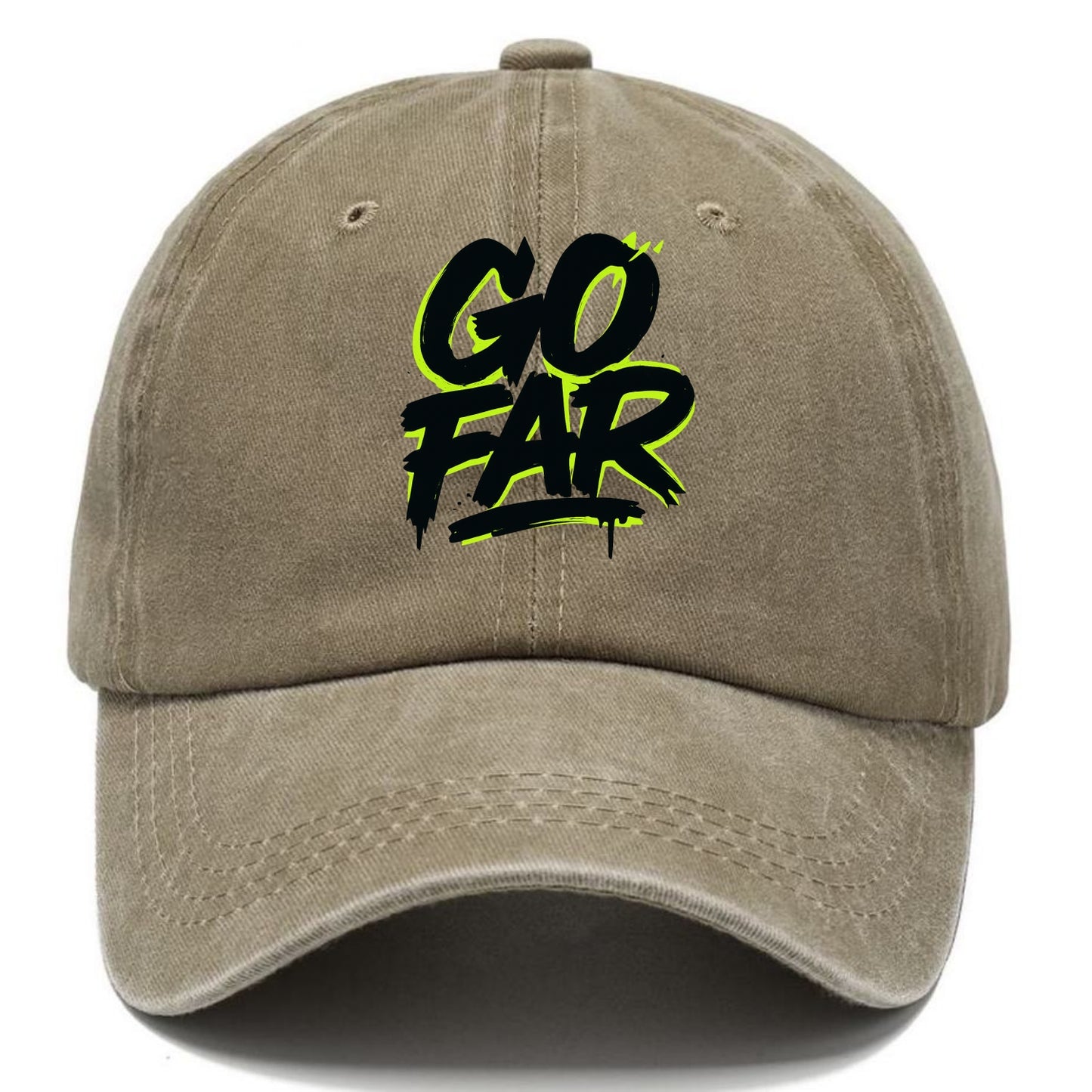 Bold typography design - "GO FAR" - distance goals, pushing limits - Classic Cap - Warm Sand(Khaki)