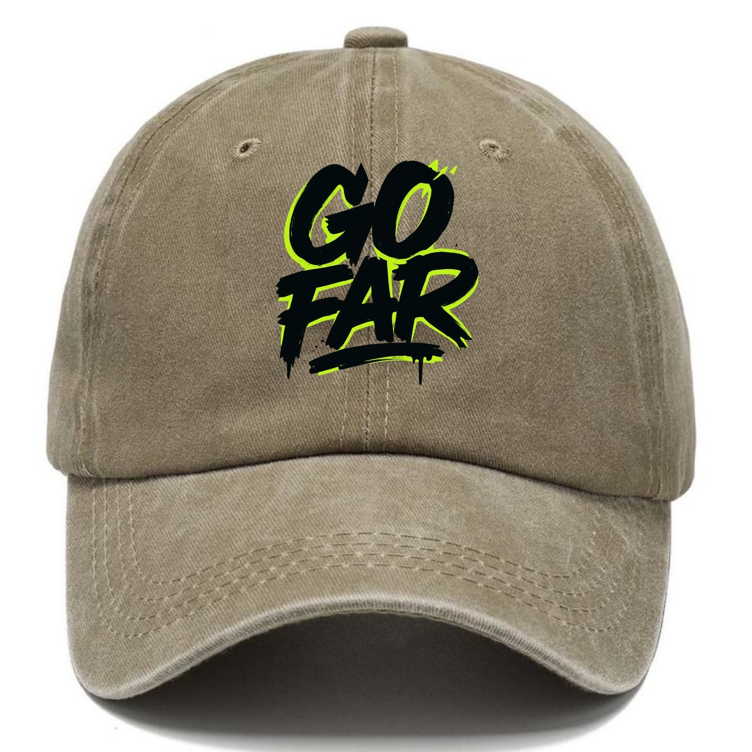 Bold typography design - "GO FAR" - distance goals, pushing limits - Classic Cap - Warm Sand(Khaki)