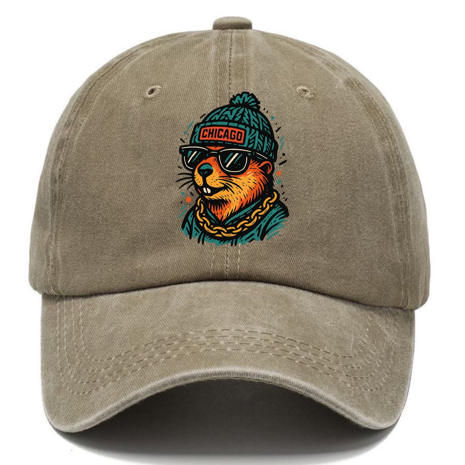 Illinois Prairie Dog wearing Chicago beanie with pom pom and wayfarer sunglasses - Classic Cap - Warm Sand(Khaki)