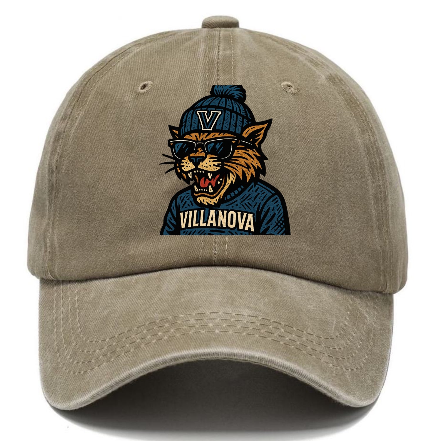 Villanova Wildcat wearing Villanova beanie with V patch - Classic Cap - Warm Sand(Khaki)