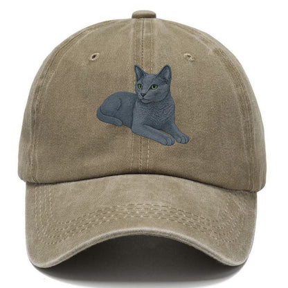 Russian Blue  relaxed lying down with he Classic Cap - Warm Sand(Khaki)